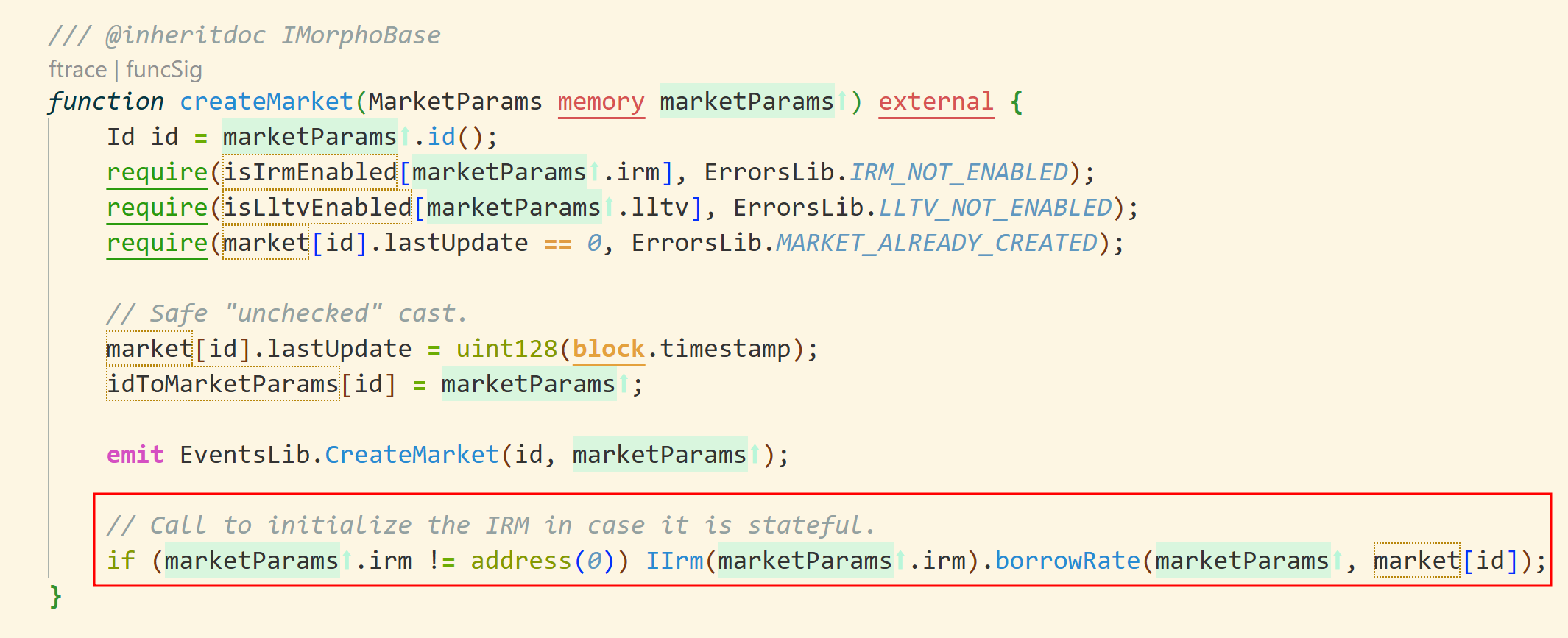 AdaptiveCurveIRM borrow-rate calculation on the first market interaction